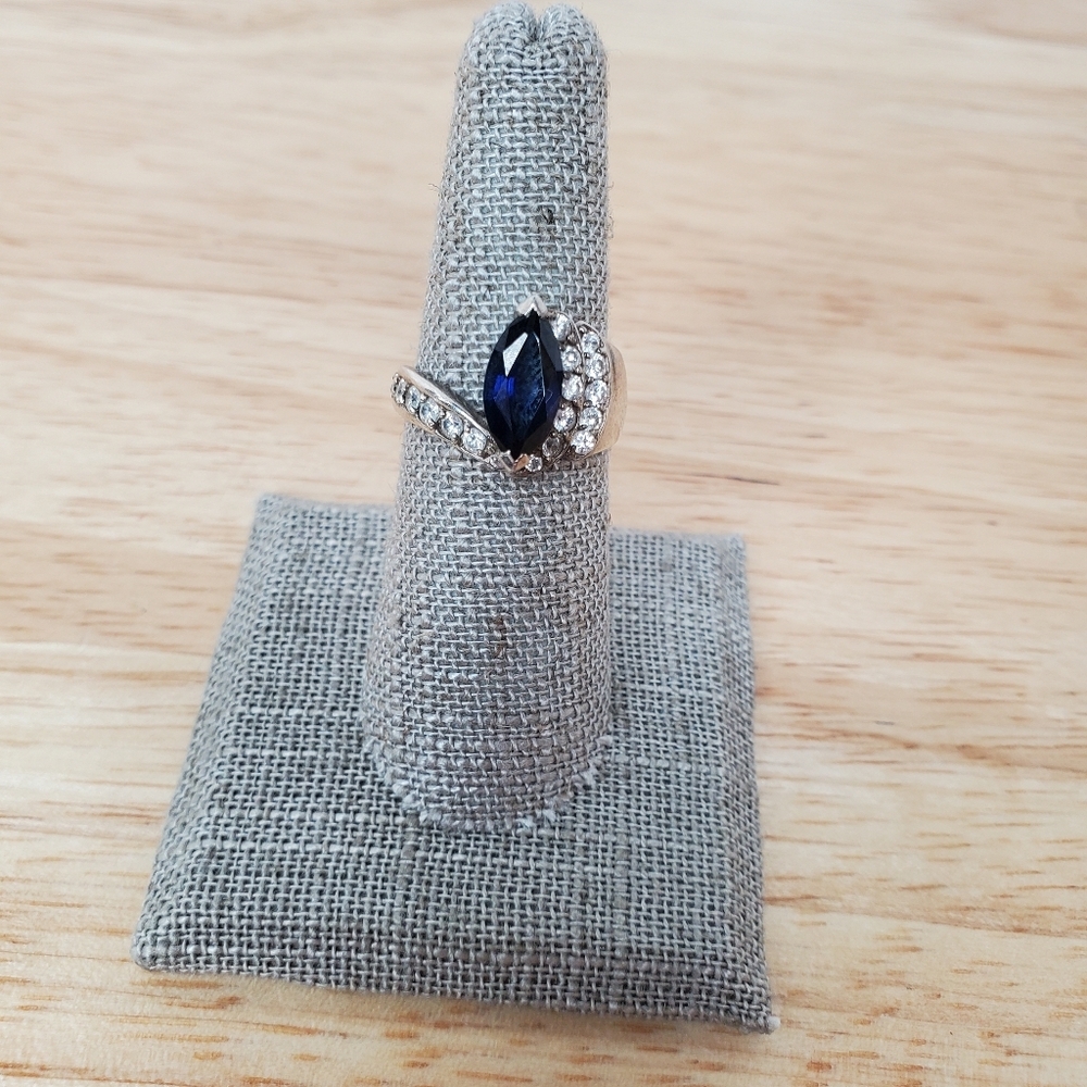 Sterling Silver Marquise Cut Simulated Sapphire CZ Accents Ring Size 6.5-7 925